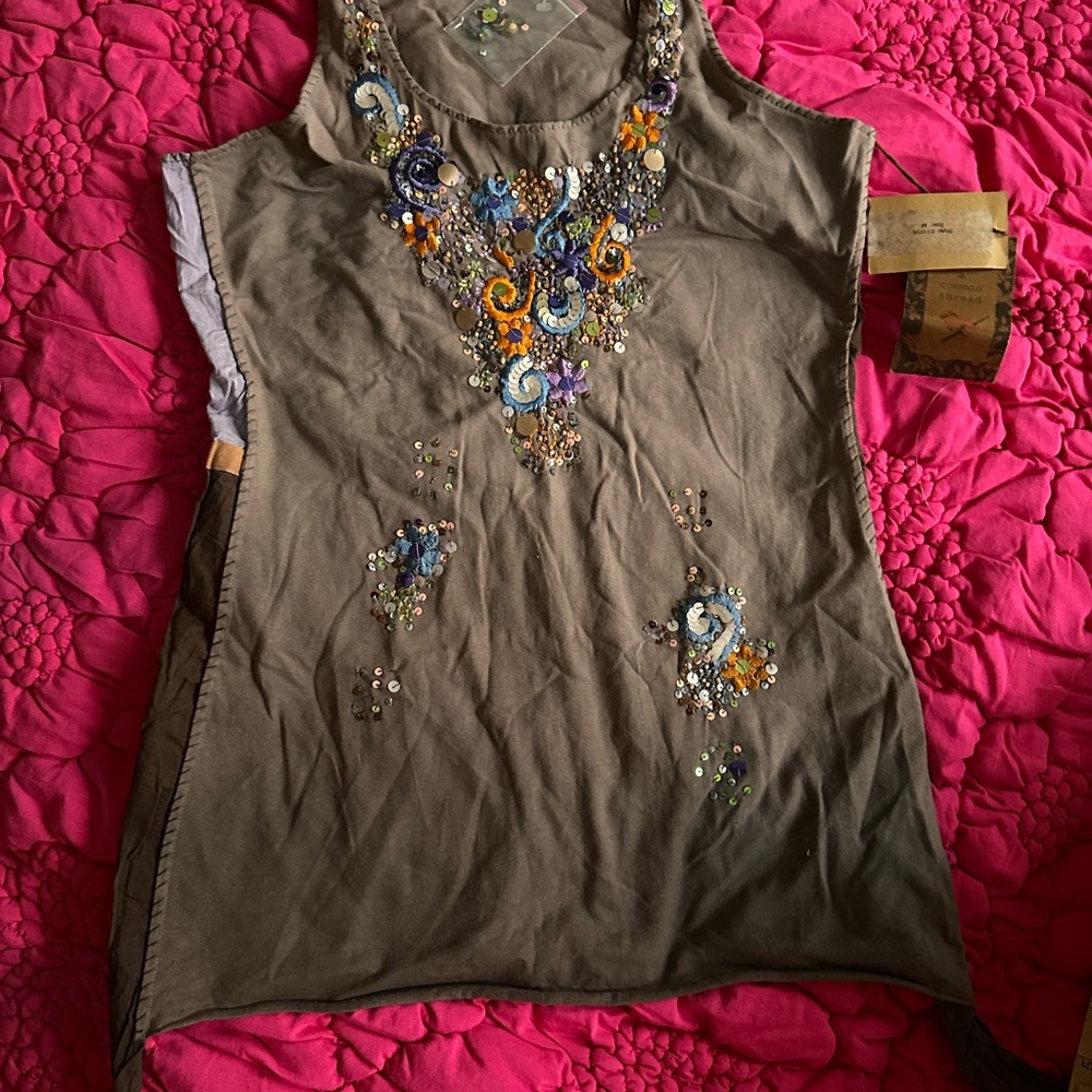 Antropologie Embellished Olive Green Sleeveless Top by “a common thread”
